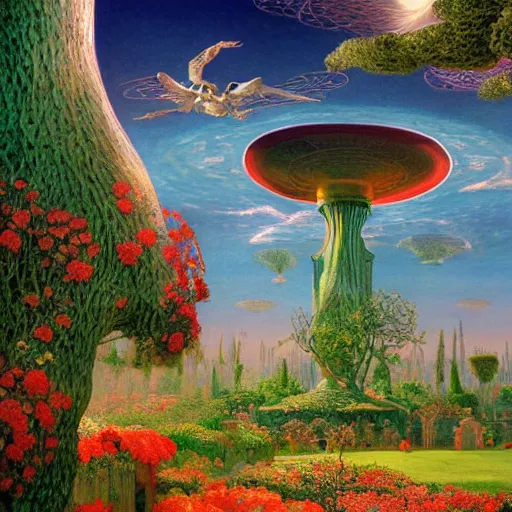 Image similar to a colorful, detailed print - a garden in the sky with a latticework of trees and the remnants of a flying saucer with a skull background. by arnold bocklin and barclay shaw, masterful print. 4 k, unreal engine stunning art nouveau