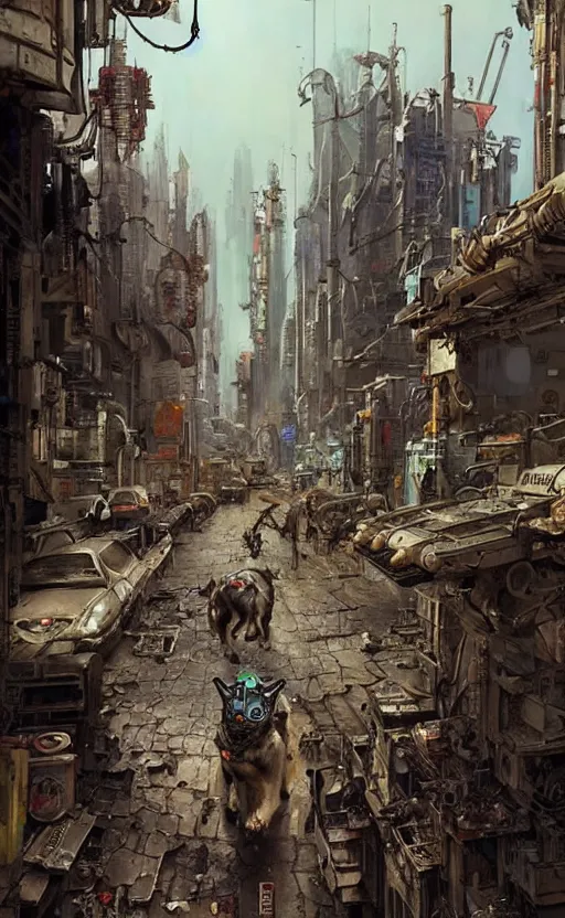 Prompt: post - apocalyptic city with robot dogs running in an ally, cyberpunk metropolis, hyper real painting by weta chiara bautista karl kopinski kim jung giu and weta studio, and lucasfilm and jesper ejsing and norman rockwell greg rutkowski frank frazzeta