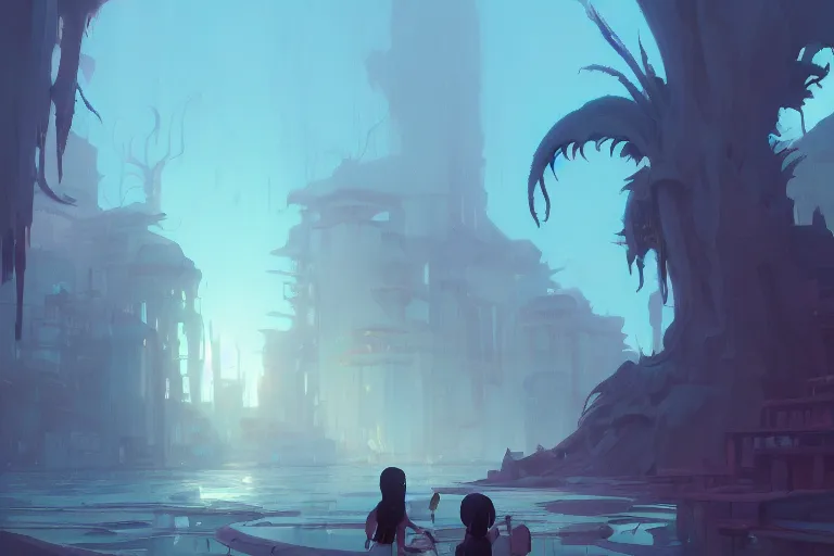 Image similar to drowned city of ancient horror, cory loftis, james gilleard, atey ghailan, makoto shinkai, goro fujita, studio ghibli, rim light, exquisite lighting, clear focus, very coherent, plain background, soft painting