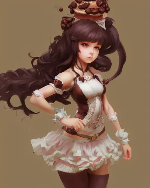Prompt: a ( girl as personification of chocolate cupcake ), fantasy bakery, digital art by krenz cushart, laurie greasly, wlop, artgerm, intricate, ( highly detailed figure ), sharp focus, smooth, epic composition, joyful, unreal engine