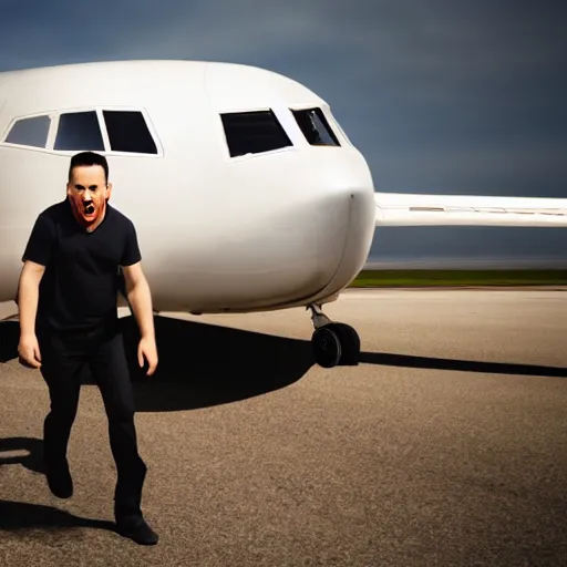 Prompt: photo of an extremely scared man walking outside of an airplane in mid-air, horror face, highly detailed skin, highly detailed face