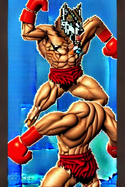 Image similar to extreme long shot. 8 bit nes graphics. antropomorphic muscular masculine wolf. kickboxer fighter, in shorts. wolf head. fine details, very sharp, art from nes game cartridge, ( vhs colors, vaporwave style ), marc simonetti and hermann nitsch