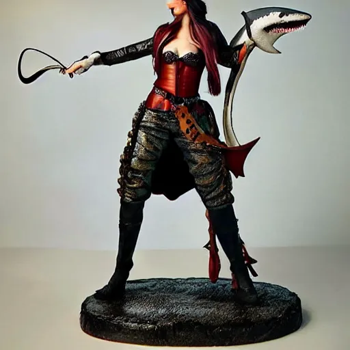 Image similar to a beautiful female swashbuckling pirate with shark skin, intricate, luminous,