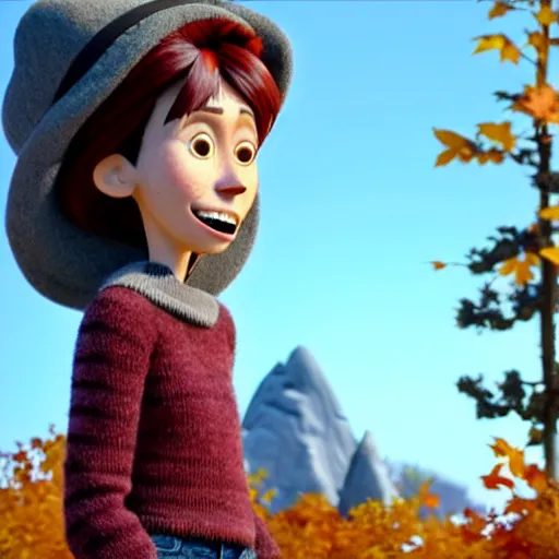 Image similar to a stopmotion animation character, a beautiful canadian woman, gardening, very attractive, messy dark grey hair, striped sweater, tight denim jeans, maroon doc marten boots, canadian maple leaves blowing about, mountains, autumn, unreal engine 5, 8 k, kubo and the two strings, disney, pixar,