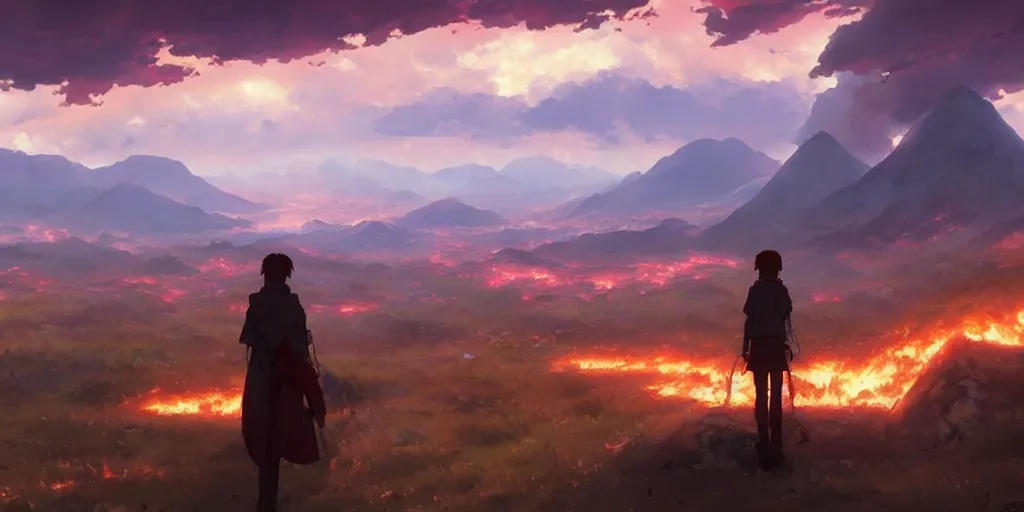 Image similar to anime character watching an apocalyptic landscape with mountains and sky is burning, hyperrealistic, trending on pixiv fanbox, painted by greg rutkowski makoto shinkai takashi takeuchi studio ghibli, akihiko yoshida