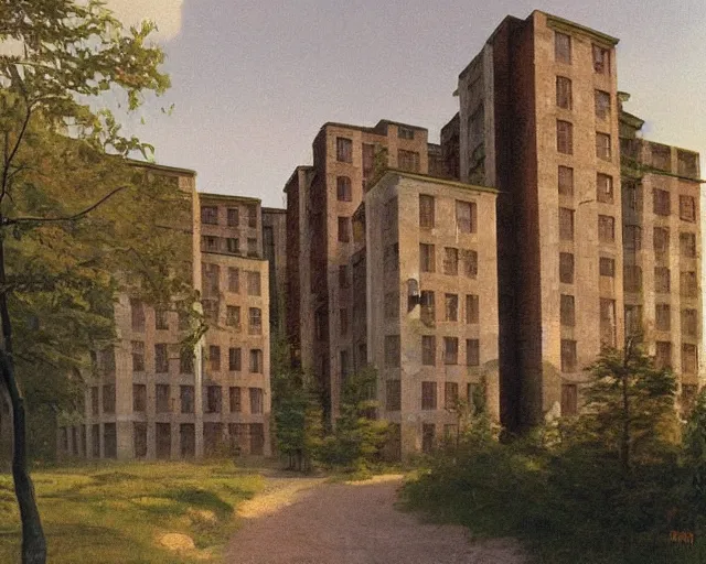 Prompt: beautiful matte painting of cute soviet block of flats hrushevka in end of forest by ralph mcquarrie,