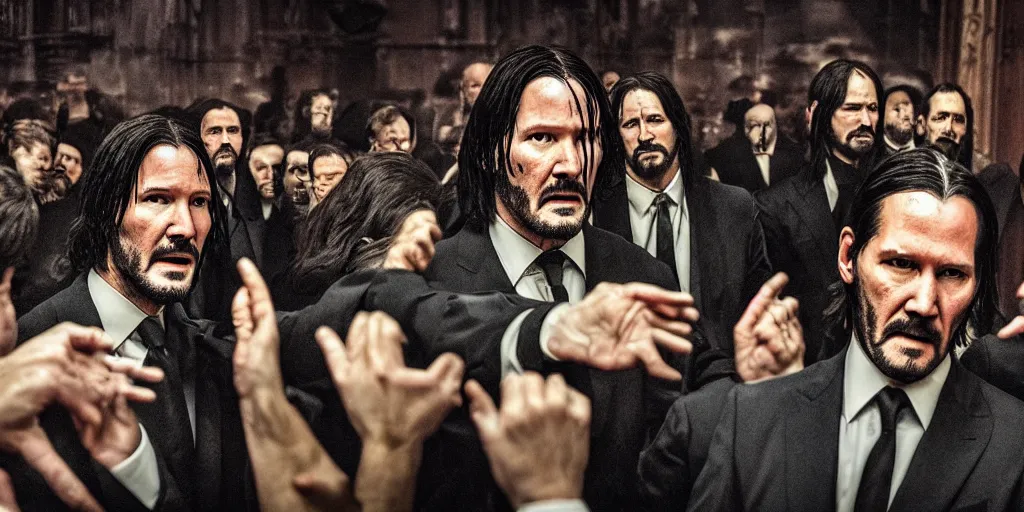 Prompt: John Wick, photo of a group, an album cover by David Gilmour Blythe, pinterest, bauhaus, tesseract, composition, national geographic photo, flemish baroque