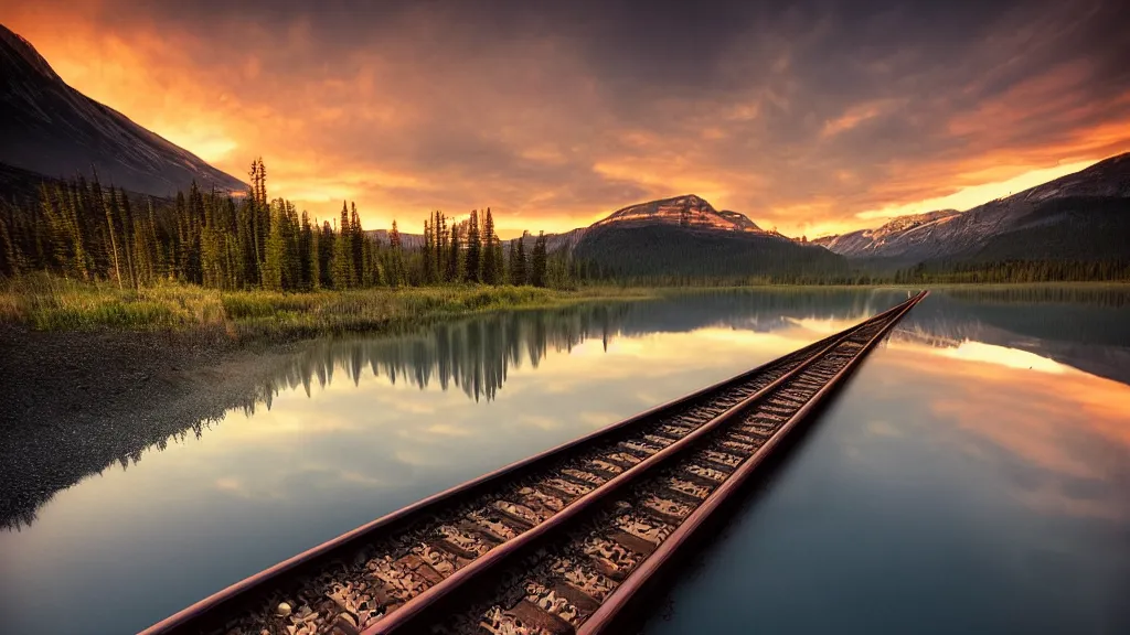 Image similar to amazing landscape photo of a lonely train track over a lake in sunset by marc adamus, beautiful dramatic lighting