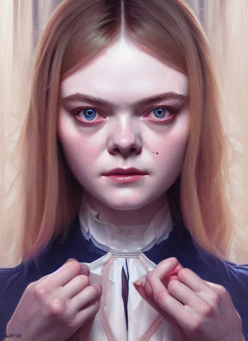 Image similar to symmetry!! portrait of elle fanning in prey, horror, fashion, dark!! intricate, elegant, highly detailed, digital painting, artstation, concept art, smooth, sharp focus, illustration, art by artgerm and greg rutkowski and alphonse mucha