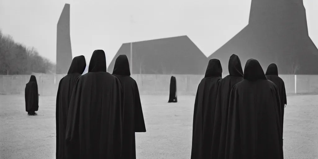 Prompt: black robed and hooded people stand around a weird large black glass monolith worshipping, old film, 35mm film, found film, scary, ominous, frightening, ghastly, photorealistic