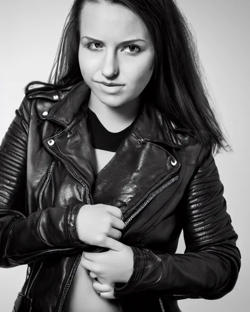 Image similar to young woman in her 20s, she wears a leather jacket and boots, full body shot, taken by a nikon, very detailed face