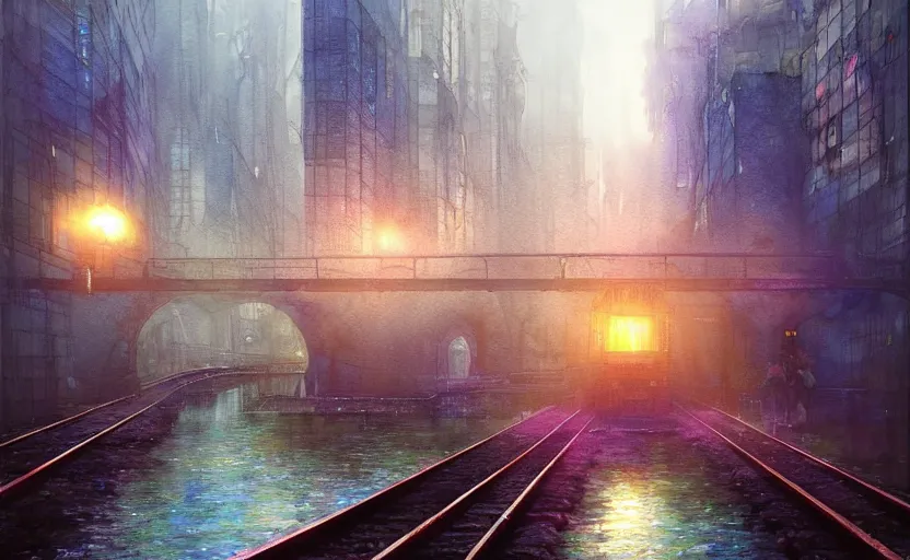 Image similar to an urban train rides inside of a waterway on a fantasy city. intricate, amazing composition, colorful watercolor, by ruan jia, by maxfield parrish, by marc simonetti, by hikari shimoda, by robert hubert, by zhang kechun, illustration, gloomy, volumetric lighting