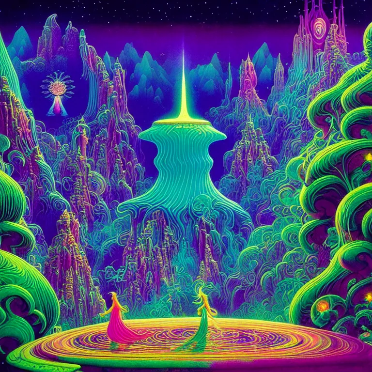 Prompt: mysterious cosmic girl over epic mystical crystal temple, infinite glissando, hallucinogenic waves, synthwave, bright neon colors, highly detailed, cinematic, eyvind earle, tim white, philippe druillet, roger dean, ernst haeckel, lisa frank, aubrey beardsley, kubrick