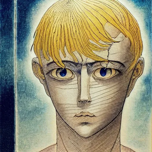 Prompt: prompt: Fragile looking vessel portrait face drawn by Katsuhiro Otomo, inspired by William Blake, magical and alchemical objects on the side, soft light, white background, intricate detail, intricate ink painting detail, sharp high detail, manga and anime 2000