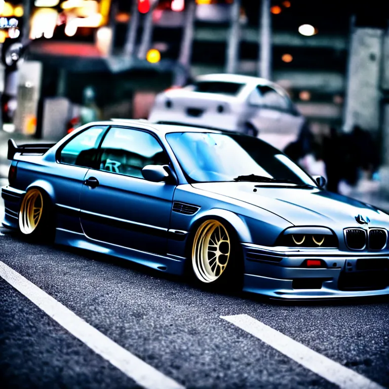 Image similar to close-up-photo BMW E36 turbo illegal meet, work-wheels, Shibuya shibuya shibuya, roadside, cinematic color, photorealistic, high detailed deep dish wheels, highly detailed, custom headlights, neon underlighting