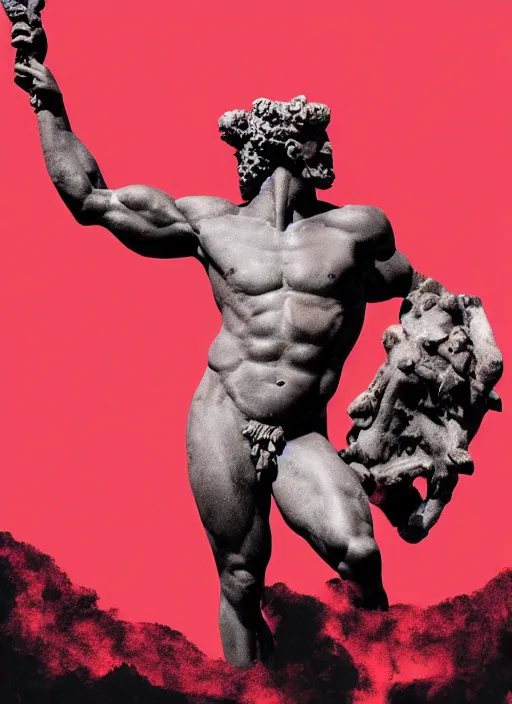 Image similar to black background, statue of hercules, thin red lines, dark, thin lines, neo vaporwave, poster art, trending on artstation