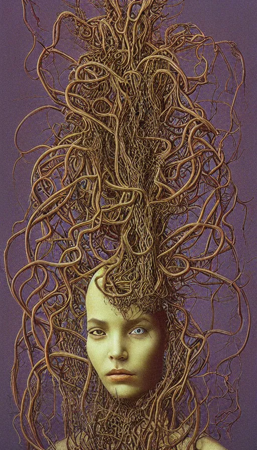 Image similar to very detailed portrait of a 2 0 years old girl surrounded by tentacles, the youg woman visage is blooming from fractal and vines, by zdzisław beksinski