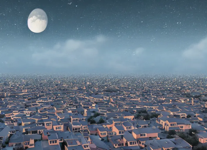 Prompt: thousands of moons scattered across the sky. thousands of big moons, focus on the sky. thousands of houses in the city, hyperrealism, no blur, 4 k resolution, ultra detailed