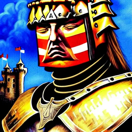 Image similar to knights armor, donald trump, crown!!!!!!, donald trump's face, detailed face, painting of a knight, boots!!!!!!, medieval castle background, valiant, by hans thoma