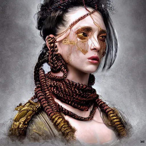 Image similar to portrait of a Shibari rope wrapped face and neck, headshot, insanely nice professional hair style, dramatic hair color, digital painting, of a old 15th century, roman soilder, amber jewels, baroque, ornate clothing, scifi, realistic, hyperdetailed, chiaroscuro, concept art, art by Franz Hals and Jon Foster and Ayami Kojima and Amano and Karol Bak,