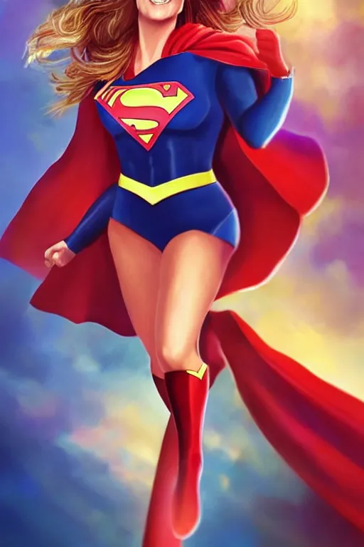 Image similar to portrait of a mix of beautiful young maria shriver, mariel hemmingway, brooke shields and elle macpherson as supergirl, thin lips, hair tied up in a pony tail, colorful artstation, cgsociety