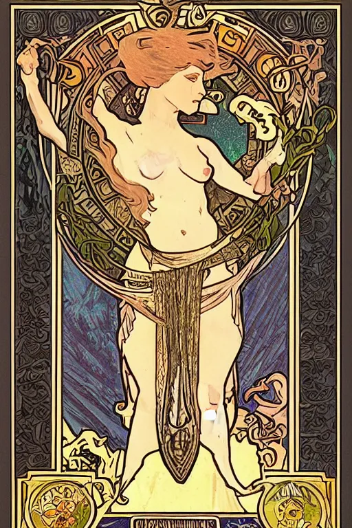 Prompt: Tarot card illustration of The Stoat, illustration by Alphonse Mucha, art nouveau style, elaborate details, 4k