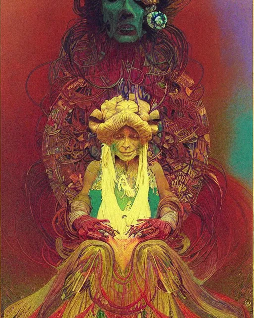 Image similar to flowerpunk portrait of a fierce old matriarch by paul lehr, beksinski, alphonse mucha