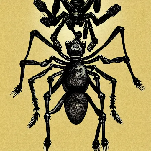 Image similar to human skeleton mounting a giant spider, on top of a spider, riding a spider, inside of a cave