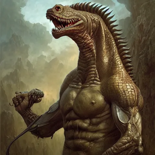 Prompt: vladimir putin, anthropomorphic bald prehistoric reptile, putin, toothless, horror, macabre by donato giancola and greg rutkowski and wayne barlow and zdzisław beksinski, realistic face, digital art