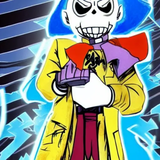 Image similar to Sans from undertale drawn in Jojo's Bizarre Adventure doing a jojo pose