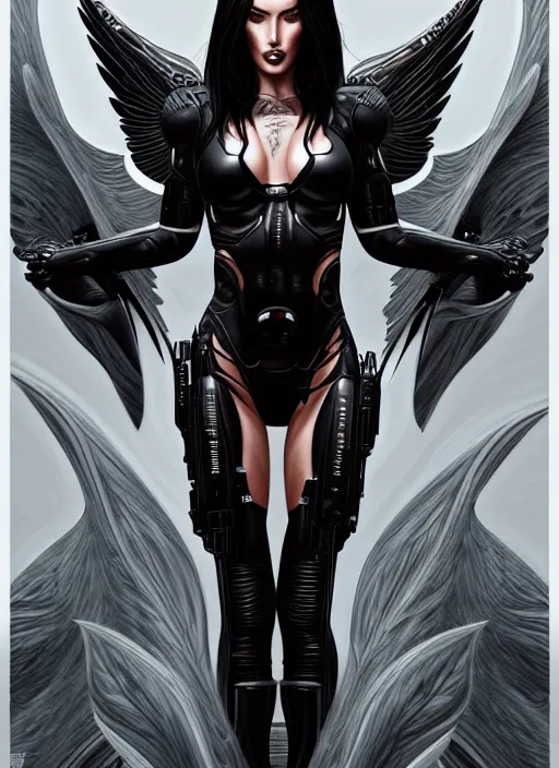 Prompt: symmetry!! gantz portrait of megan fox as a tattooed dark angel, unholy, intricate, highly detailed, dynamic lighting, digital art, digital painting, artstation, terence nielsen, sharp focus, illustration, art by artgerm and greg rutkowski and moebius, 8 k