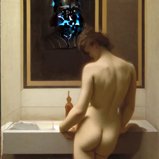 Prompt: Darth Vader emerging from the bathroom by William Adolphe Bouguereau