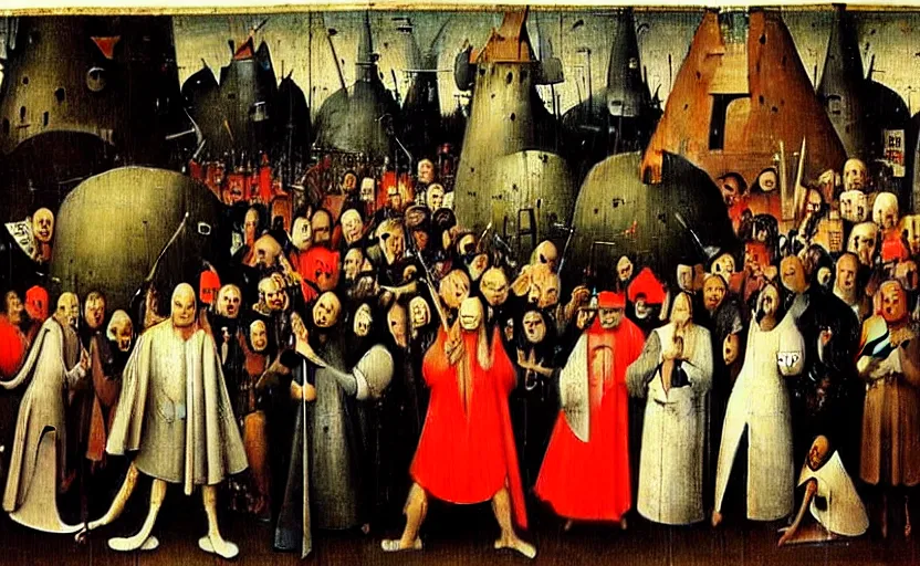 Prompt: hieronymus bosch painting of many people without eyes. one person does have eyes, a young man, frightened about what is going on around him. there are propaganda posters on walls, brainwashing televisions and cctv cameras s 1 5 0