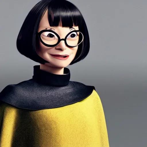 Prompt: a still of Edna Mode wearing a cape and looking upset about it, Pixar (2018)