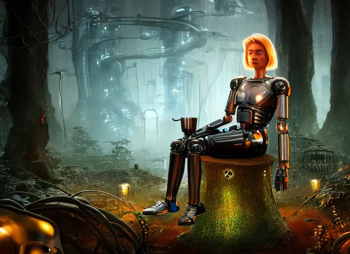 Image similar to photo of an intricate and sophisticated terminator woman with borg enhancements, blonde hair sitting on a giant mushroom in a weird magical mechanical forest and drinking a cup of tea. Very detailed 8k. Fantasy cyberpunk horror. Sharp. Very detailed facial complexion