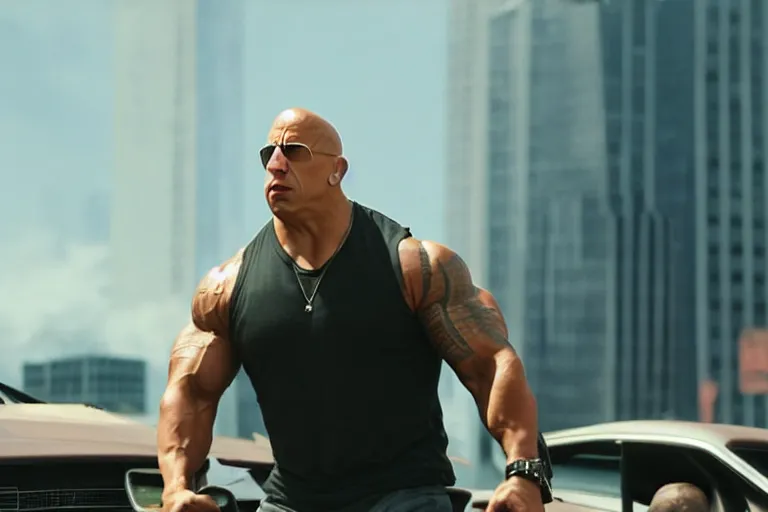 Image similar to vin diesel as dwayne johnson flexing and yelling let's go!, fast furious, low perspective, isometric perspective, cinematic still, movie still, long lens, shallow depth of field, bokeh, anamorphic lens flare, 8 k, hyper detailed, 3 5 mm film grain