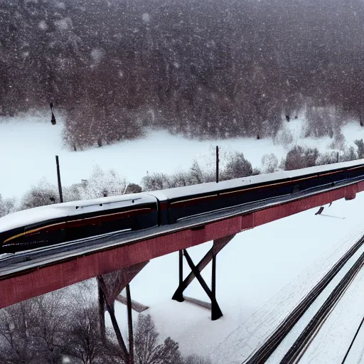 Image similar to desktop wallpaper of a bullet train riding over a bridge through a cold snowy landscape, trending on artstation