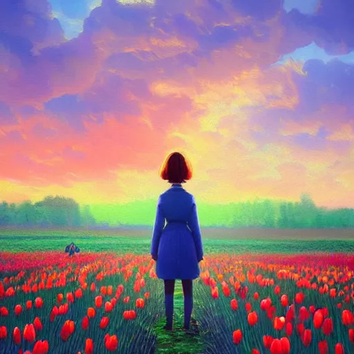 Image similar to girl with a giant tulip head, surreal photography, flower field, sunset dramatic light, impressionist painting, colorful clouds, blue sky, digital painting, artstation, simon stalenhag