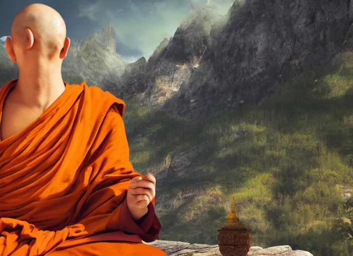 Image similar to a giant buddhist monk meditating on a mountain, holy style, concept art, fantasy