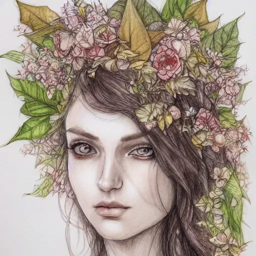 Image similar to a drawing of a beautiful woman clothed in flowers and leaves standing in an enchanted forest, high fantasy, elegant, epic, detailed, intricate, pencil and watercolor, concept art, realistic detailed face, smooth, focus, rim light,