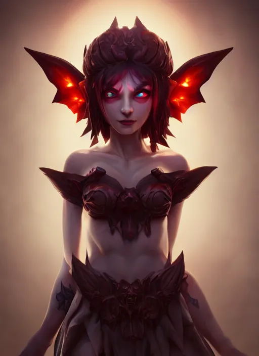 Image similar to imp demon goddess, cute elf ears, strapless dress, character portrait in the style of thomas river and artgerm, cinematic lighting, hyperdetailed, 8 k realistic, symmetrical, global illumination, radiant light,, frostbite 3 engine, cryengine, dof, trending on artstation, digital art, chanel