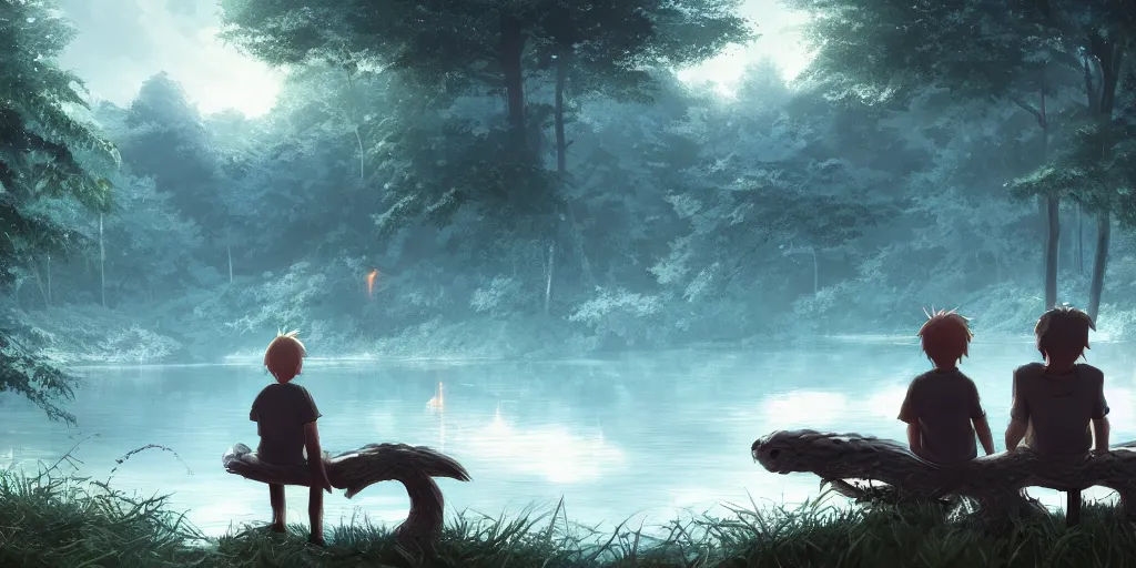 Image similar to a silver dragon and a boy sitting next to lake in forest, many fireflys, at night, concept art, dof, cryengine, digital art, detailed background, makoto shinkai