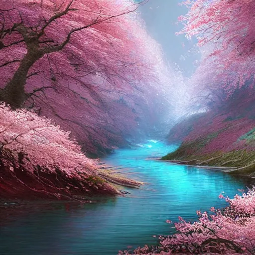 Image similar to detailed concept art of a beautiful winding river during spring with cherry blossom trees, artstation, award - winning realistic concept art by jim burns and greg rutkowski, beksinski, a concept art masterpiece, red color palette, james gilleard, bruegel, alphonse mucha, and yoshitaka amano.