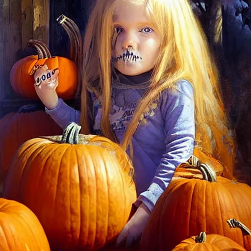 Image similar to a little girl with long golden blonde hair and blue eyes sitting amidst halloween decor, pumpkins, skulls. beautiful painting by raymond swanland and magali villanueve, beautiful detailed face.