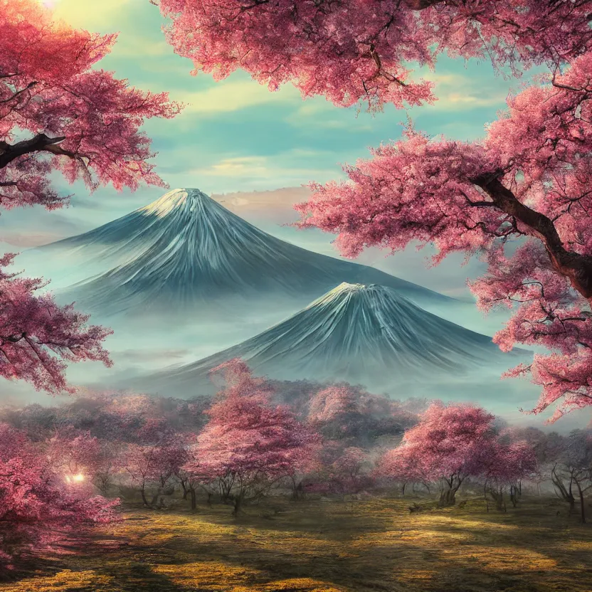 Prompt: old empty samurai city surrounded by sakura trees, beautiful valley and mountains with forest, sunrise on fuji, hyperrealism, matte painting, digital art, artistation