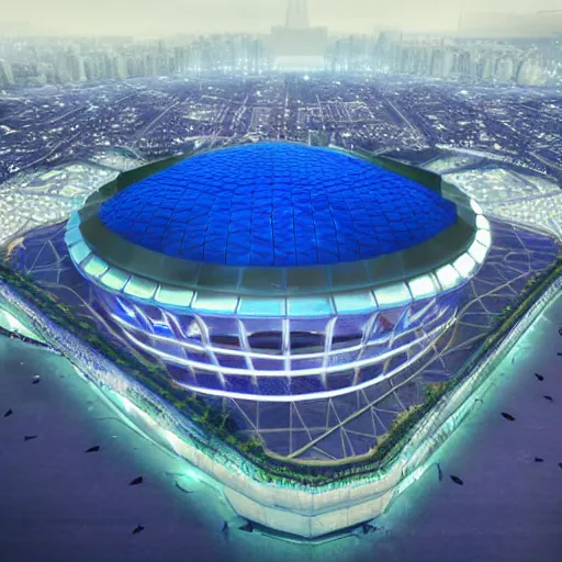 Prompt: a futuristic stadium floating in the middle of a city, hex shaped, hexadome, blue energy field hexagonal dome, unreal engine, epic lighting, crowd cheering, cell shading style