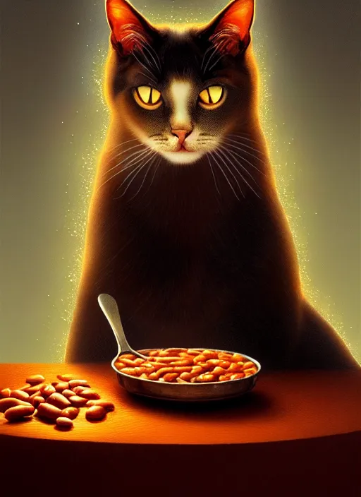 Image similar to portrait of a confused cat eating baked beans, intricate, elegant, glowing lights, highly detailed, digital painting, artstation, concept art, smooth, sharp focus, illustration, art by wlop, mars ravelo and greg rutkowski