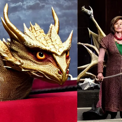 Image similar to Smaug the dragon from the Hobbit movies with the head of Nancy Pelosi, guarding her pile of treasure