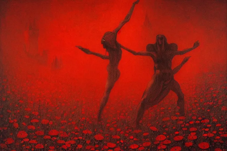 Image similar to only with red, red flowers of different types, a red tiger, a castle in the background, medieval demons dance over the flowers, an ancient path, in the style of beksinski, part by hopper, part by rodcenko, part by hofbauer, intricate composition, red by caravaggio, insanely quality, highly detailed, masterpiece, red light, artstation