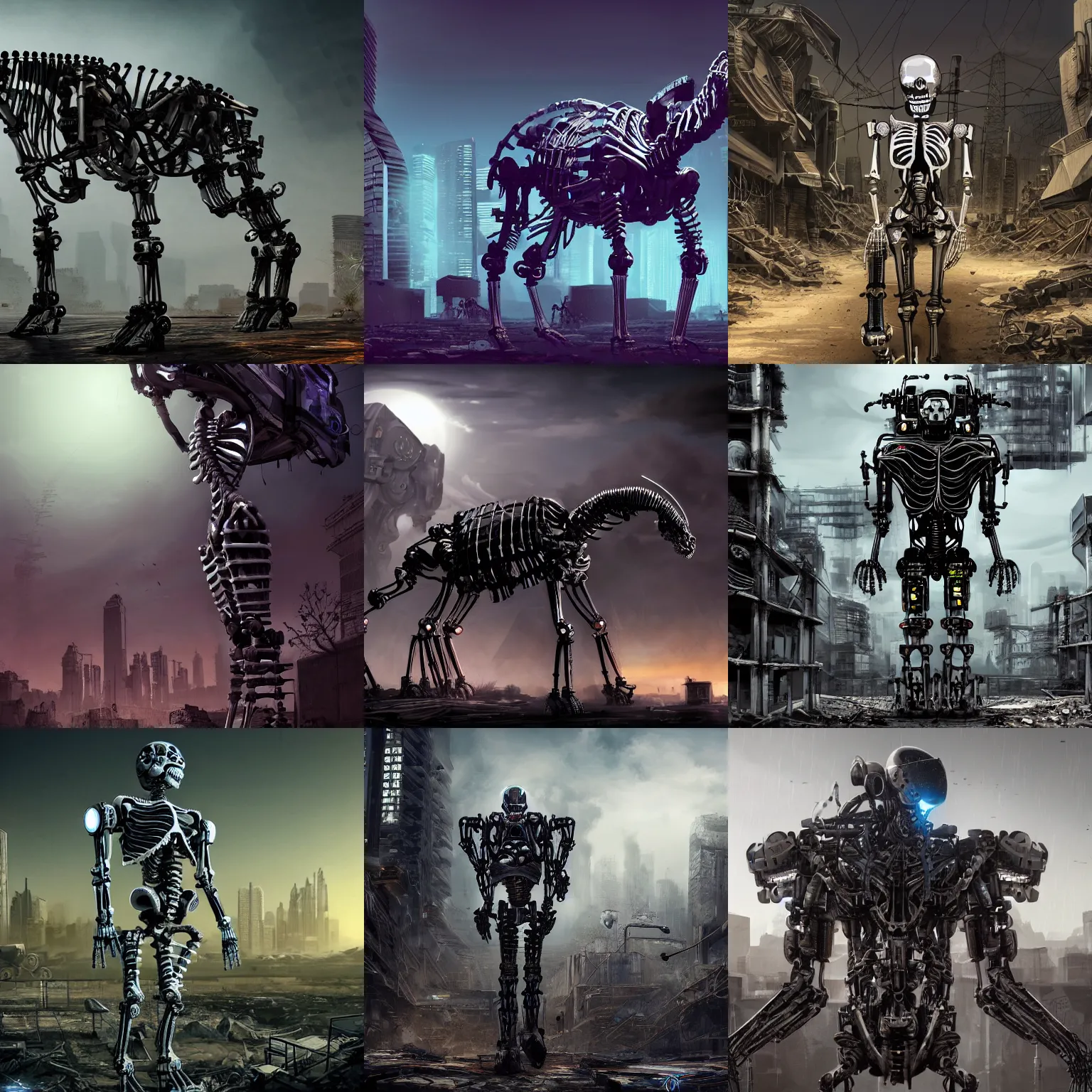 Prompt: a cybernetic robot zebra skeleton, apocalyptic dark ruins in the background, cyberpunk, highly detailed, digital art, trending on artstation, concept art, sharp focus, 8 k